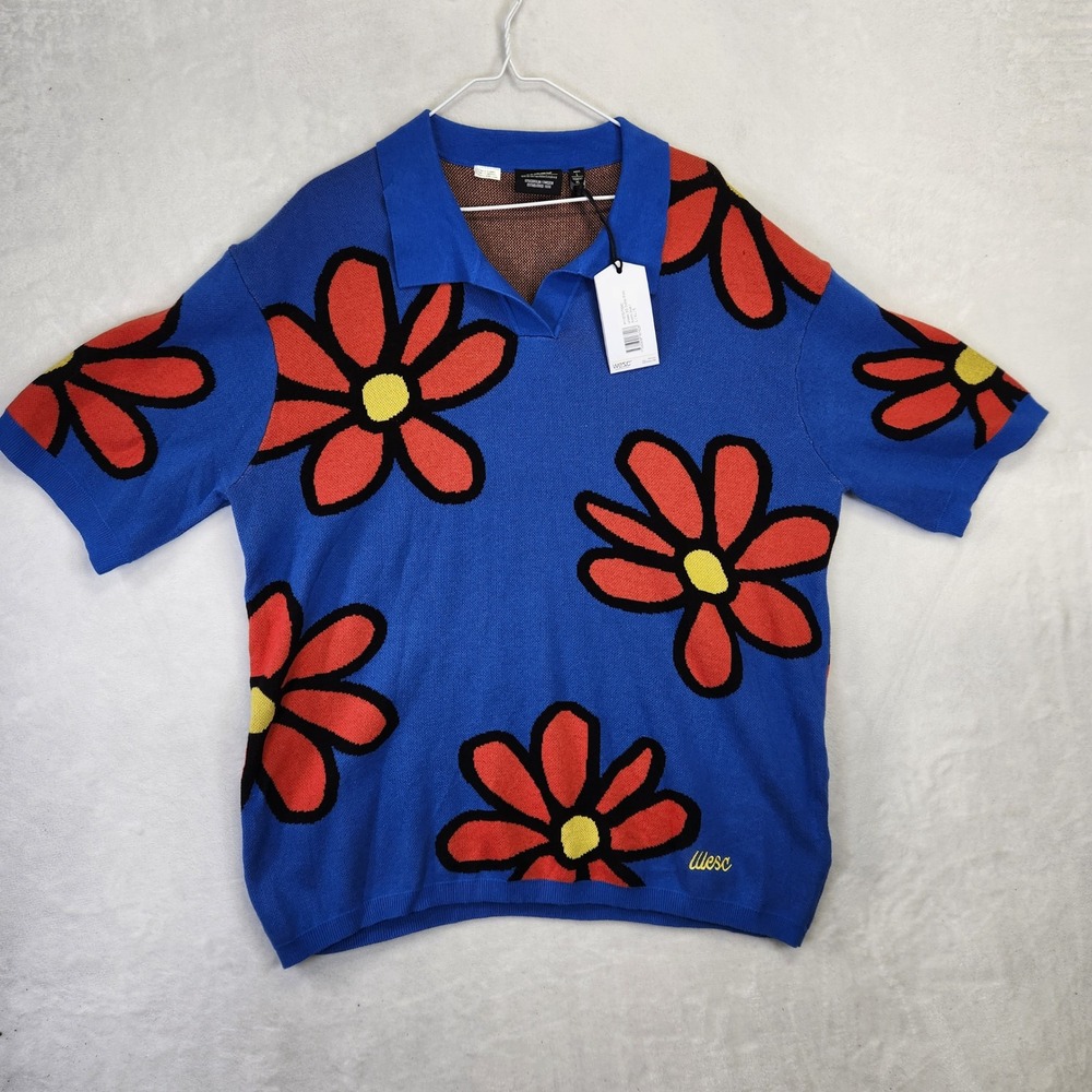 WESC Mens Blue Red Daisy Floral‎ Knit Polo Shirt Short Sleeve Size Large NEW